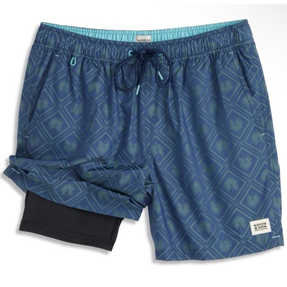 SCOTCH & SODA Men Size XL Diamond Patterned Swim Trunks Shorts Sargasso Sea Blue